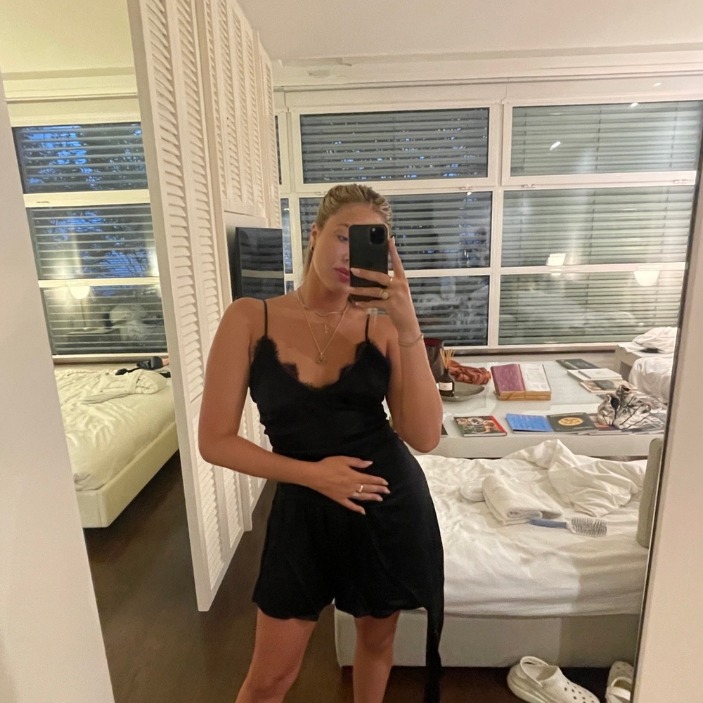 Zara Black Asymmetrical Satin & Lace Romper
